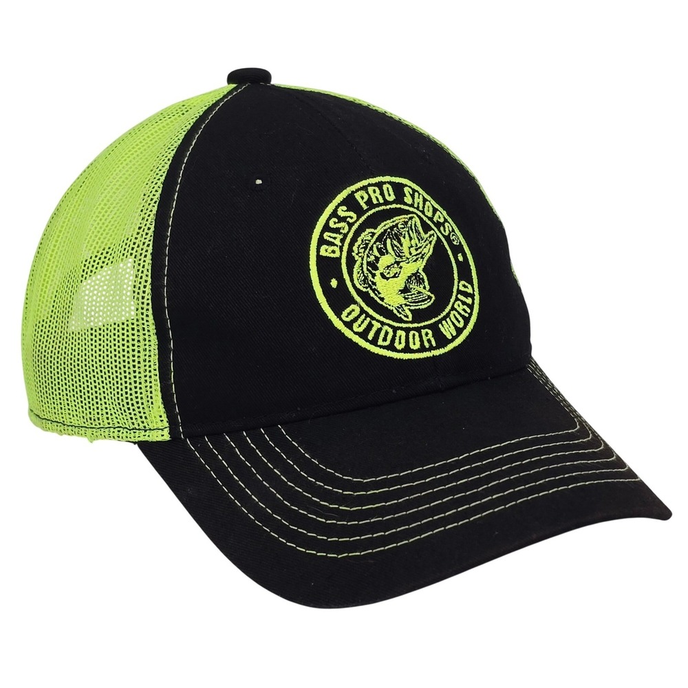 Bass Pro Shops Outdoor World Trucker Hat OSFM Black Neon Green Mesh Snapback Cap